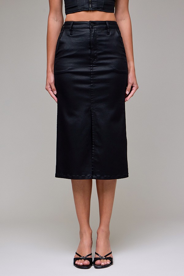 Coated High Rise Front Slit Midi Skirt
